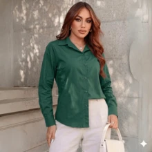 Women's Striped Long-Sleeved Button-Down Shirt, Lightweight Viscose Linen Fabric, Comfortable For Formal Wear. - Dark Green - View 1