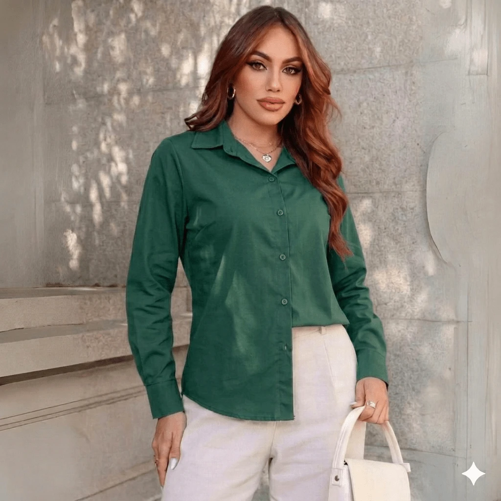 Women's Striped Long-Sleeved Button-Down Shirt, Lightweight Viscose Linen Fabric, Comfortable For Formal Wear. - Dark Green - View 1