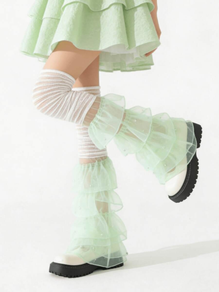 1 Pair Cake Lace Pearl Sweet Ruffle Lace Leg Warmers In Pink/Green/Purple/Blue/Yellow/Black/White - Multicolor - View 1