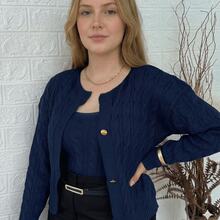 Women's Knitted Cardigan Set With Buttons And Braids + Knitted Tank Top Twin Set For Cold Weather - Navy Blue - View 2