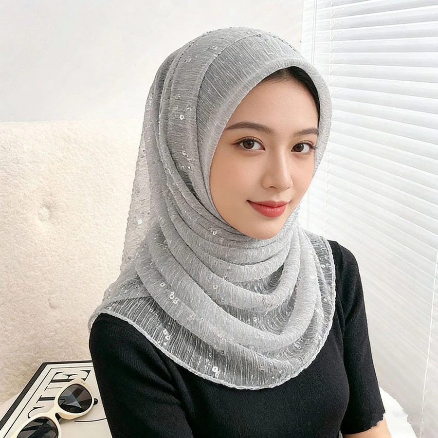 Shiny Casual Polyester Scarf/Headscarf, Suitable For All Seasons - Black - View 1