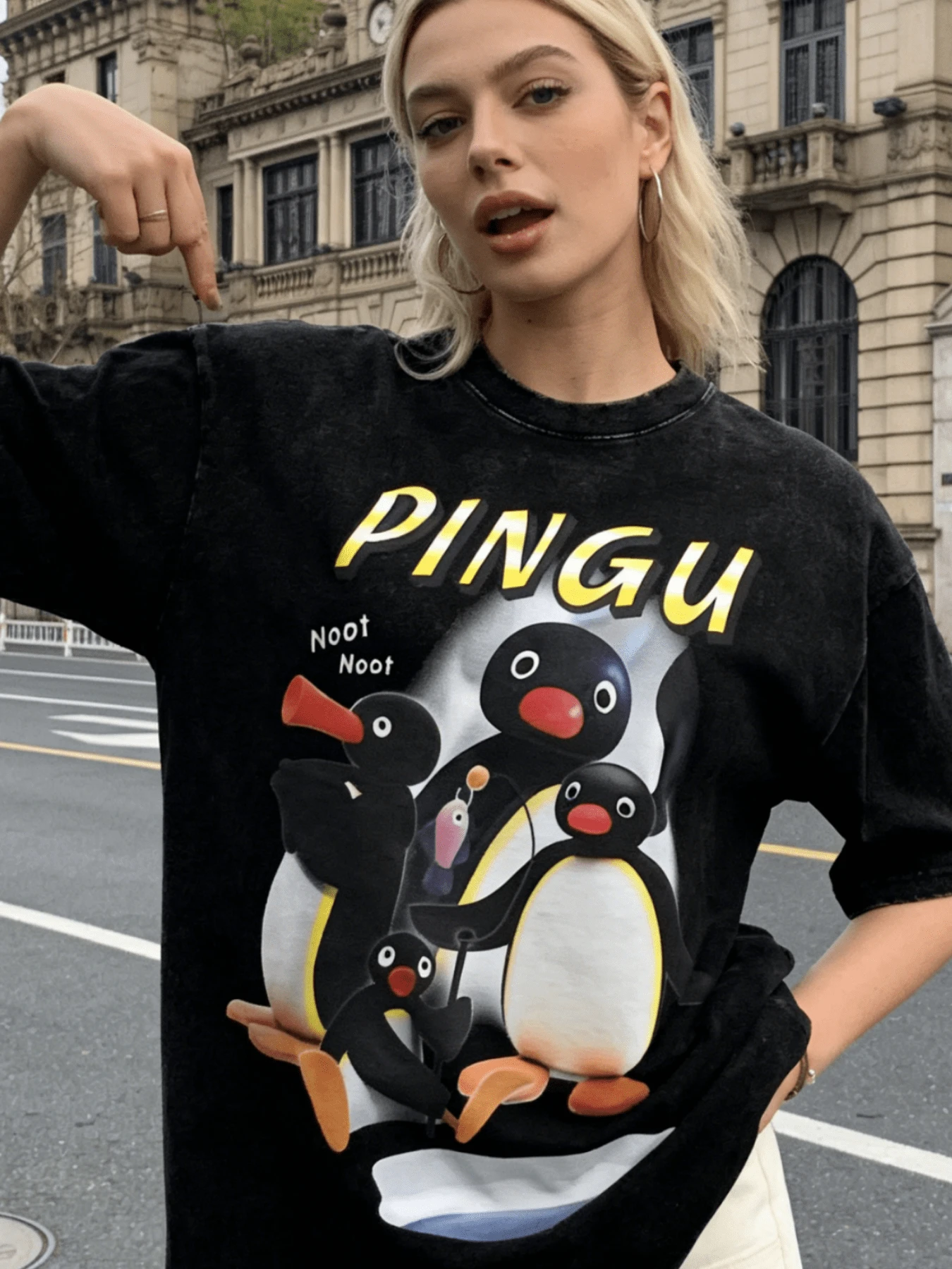 Washed T Shirts Noot Noot Pingu T-Shirt Oversize Penguin Cartoon Streetwear Short Sleeve Printed Tops Tee Shirt - màu đen - Xem 1