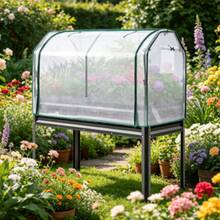 Aiuola rialzata in metallo laccato, 120x60x140 cm, nera, con piccola serra in PE e telo protettivo, aiuola rialzata per giardino e balcone. - nero - Visualizzare 2