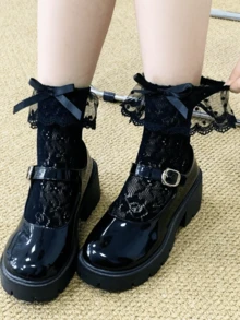 1/3 Đôi tất Lolita ren hoa rỗng dễ thương, đa năng, có nơ và xếp ly. - Nhiều màu - Xem 6