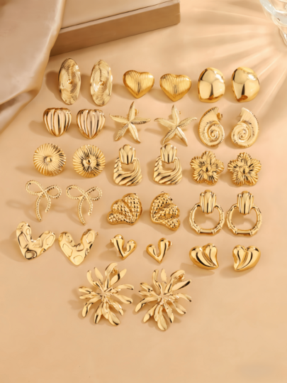 32件简约不锈钢金色耳环，优雅百搭，款式多样，适合派对、婚礼和日常佩戴（随机发货）