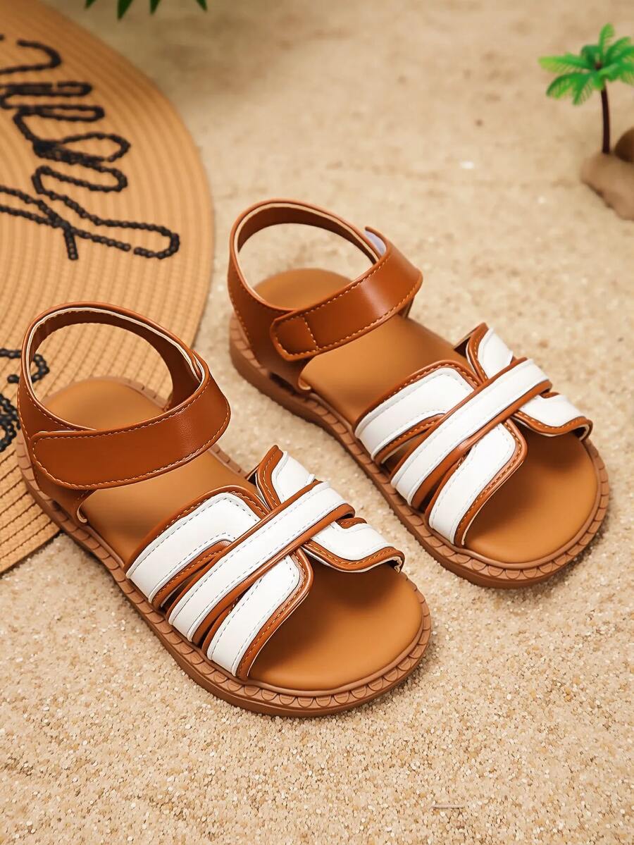 1 Pair Plus Size Children's Flat Sandals, Solid Color Round Toe, Non-Slip, Lightweight, Fashionable, Elegant, Cute, Versatile Sandals - Brown - View 1