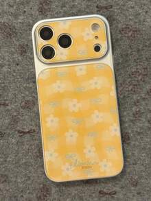 Minimalist Fresh Yellow Grid Floral Bow Full Screen Painted Phone Case, Instantly Transforms Into 17 Series Phone Case, Suitable For IPhone 17 Pro Max, 16, 15, 14 Pro Max, Girly Large Window Glossy Creative Shock-Proof Protective Cover - Yellow - View 4