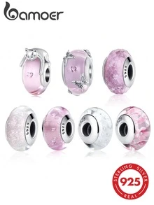 Bamoer 925 Sterling Silver Cute Pink Cat Murano Glass Bead & Floral Pendant, Suitable For DIY Bracelet, Valentine's Day Gift - Silver - View 2