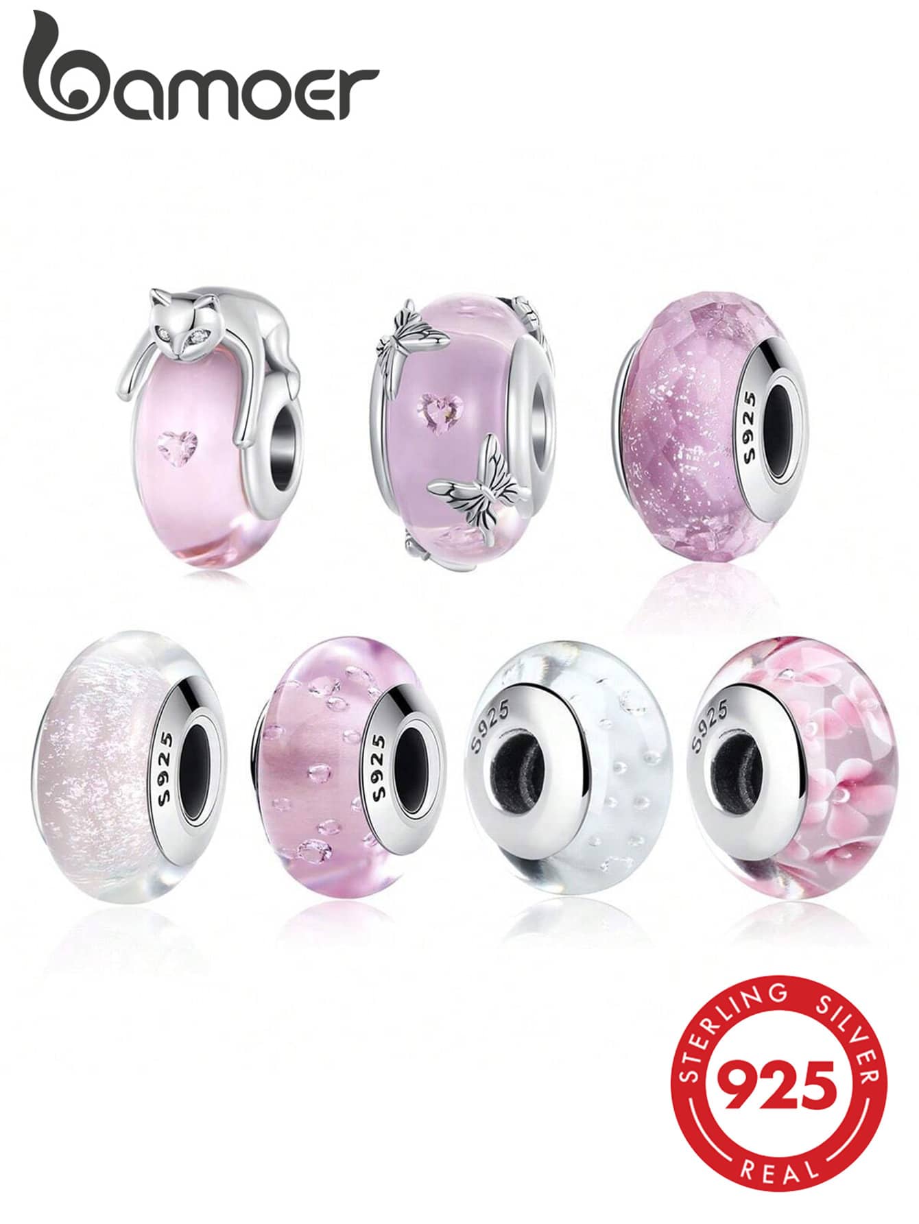 Bamoer 925 Sterling Silver Cute Pink Cat Murano Glass Bead & Floral Pendant, Suitable For DIY Bracelet, Valentine's Day Gift