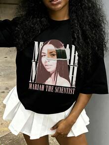 Tween Girl Cotten Clothes,Y2K-Inspired Letter Print T-Shirt - Casual Crew Neck, Short Sleeve, Machine Washable - Perfect For Spring/Summer/Fall,Fashion, Streetwear, Unisex, Men, Women - 黑色 - 查看 1