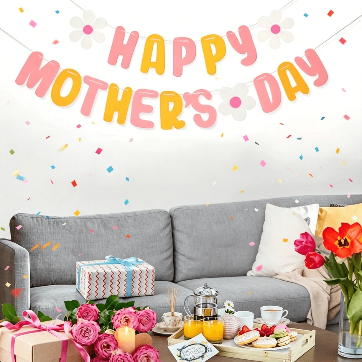 Décorations de bannière pour la Fête des Mères, Bannière Joyeuse Fête des Mères, Bannière Pailletée Fête des Mères, Décorations Fête des Mères pour les fournitures de fête - Voir 1