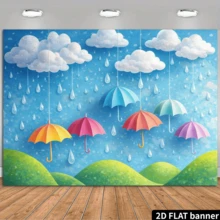 2D平面雨天主题派对背景幕布。清新雨天主题，包含悬挂的彩色雨伞、白云、雨滴、青山等元素。采用涤纶材质，无需电源，使用方便。适用于室内/室外主题活动，可用作墙面装饰或拍照背景。适用于家庭聚会、办公室活动、户外派对、影棚布置、节日礼物等。轻便易挂，防水易清洁，营造清新舒爽的氛围。 - 1 - 查看 1
