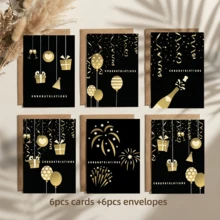1/6 件套豪华黑金祝贺贺卡套装 - 优雅香槟、气球和烟花派对设计 - 现代简约全场合庆祝贺卡，含信封 - 查看 2