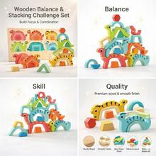 Juguete de rompecabezas de apilamiento de dinosaurios de madera Montessori, juego de clasificación de formas de equilibrio para el aprendizaje de la motricidad fina - Multicolor - Ver 3