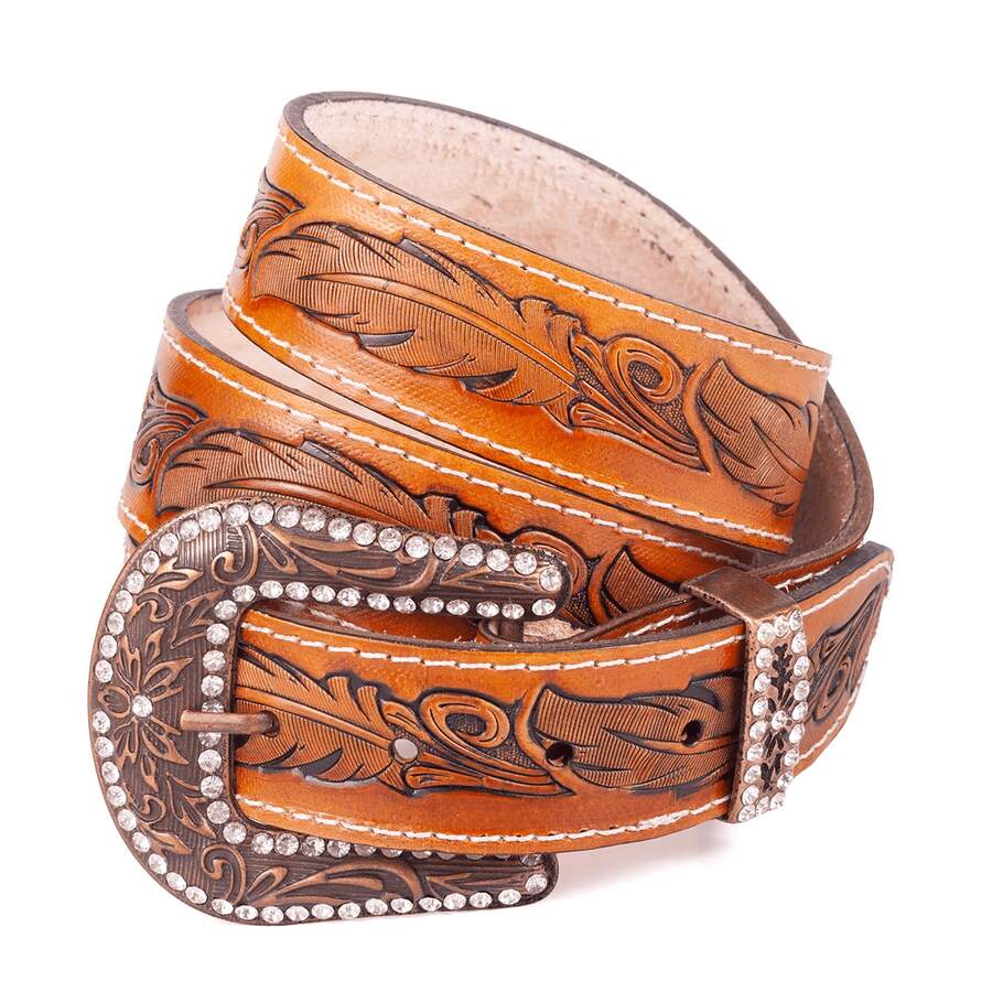 Women's Handmade Belt Carved Feather Buckle Large Rhinestone - Camel - View 1