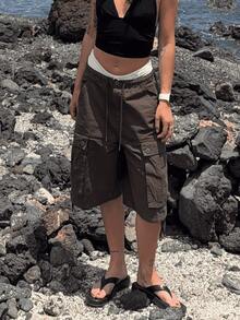 Cargo Shorts For Women Elastic Waist Knee Length  Shorts Summer Outdoor Waterproof Hiking Pants With Pockets - 棕色 - 查看 2