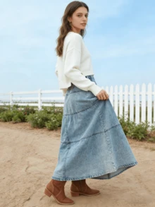 波西米亚风A字牛仔裙，复古层叠拼接高腰显瘦长款牛仔裙，春季休闲款 - 藍色 - 查看 4