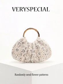 1个米色镂空花卉竹编手提包，高品质镂空时尚银色亮片装饰女士手提包，适合海滩、度假、旅行（花卉图案位置随机裁剪） - 米色 - 查看 12