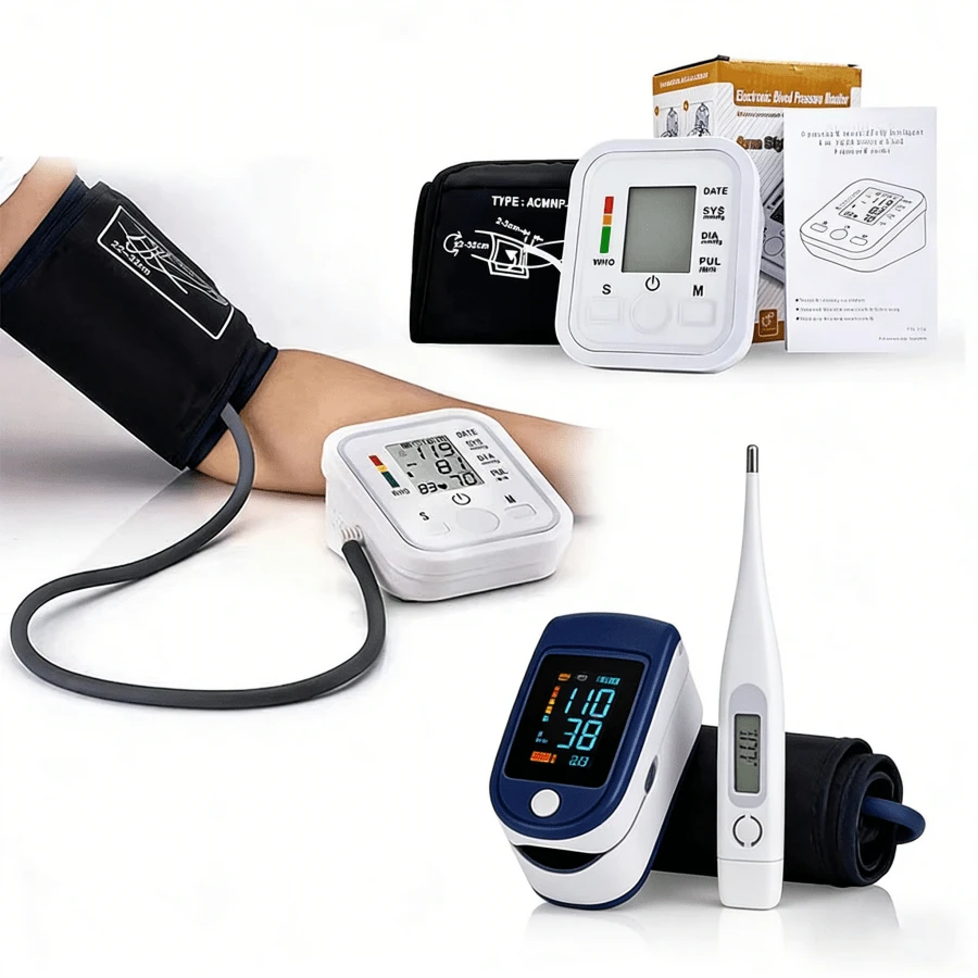 Family Health Kit: A Three-In-One Blood Pressure Monitor, Pulse Oximeter And Thermometer, Easy To Use And Very Practical.