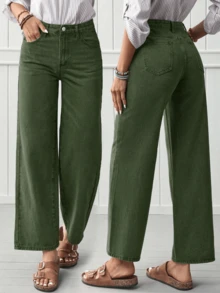 Jeans rectos de mujer de color verde de moda - Jeans de mezclilla de alta calidad para un look elegante casual de primavera - Verde Oscuro - Ver 2