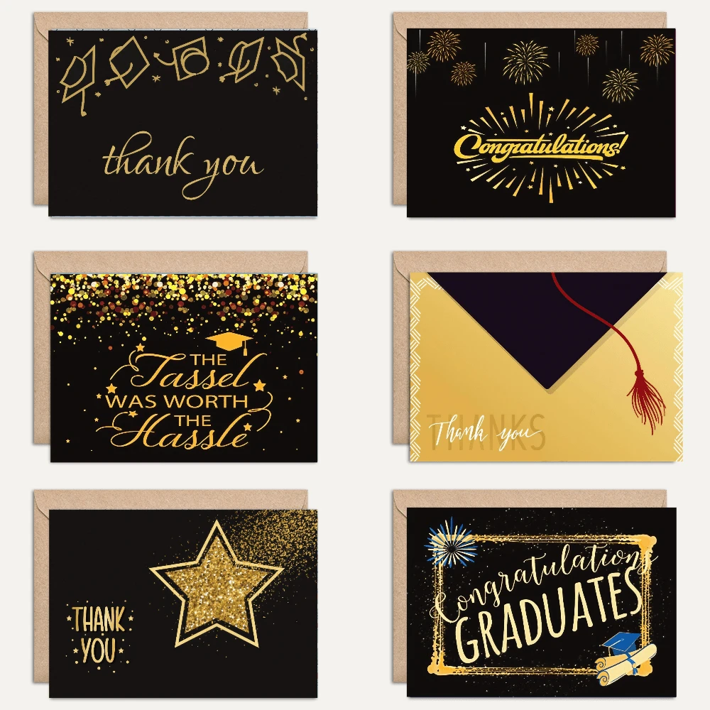 1/6-Pack Elegant Class Of 2024 Graduation Cards Set - Black & Gold Glitter "Tassel Was Worth The Hassle" & Congratulations Designs - Assorted Graduation Thank You Notes With Envelopes For Graduates - View 1