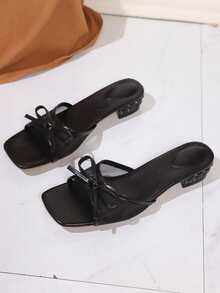 夏季新款软皮方头凉鞋，网眼透气蝴蝶结粗跟凉鞋，百搭厚底拖鞋，女士黑色高跟鞋 - 黑色 - 查看 7