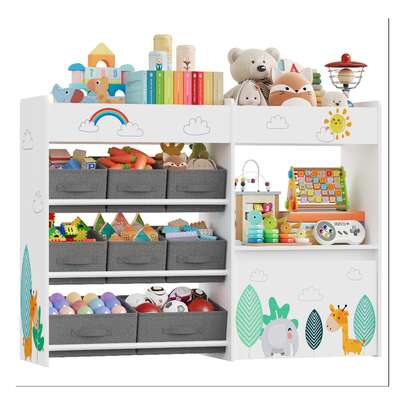 FURCHEN Kid's Toy Storage Unit, Children's Toy Box Organiser With 10 Non-Woven Fabric Bin, Large Bookshelf Rack Cabinet For Nursery, Kindergarten, Playroom, White