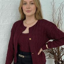 Women's Knitted Cardigan Set With Buttons And Braids + Knitted Tank Top Twin Set For Cold Weather - Burgundy - View 1