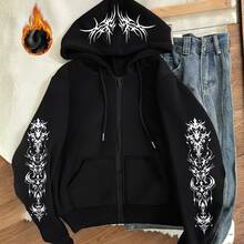 Zip-Up Hoodie Gothic Fashion Unisex Y2k Winter Flannel Oversized - 黑色 - 查看 5
