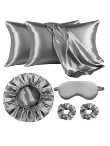 7pcs Set Solid Color Casual Polyester Pillowcase, Shower Cap, Sleeping Mask, Scrunchie, Versatile Gift Set For All Seasons,Summer,Beach,Hat - Multicolor - View 2