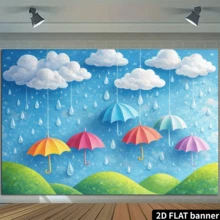 2D平面雨天主题派对背景幕布。清新雨天主题，包含悬挂的彩色雨伞、白云、雨滴、青山等元素。采用涤纶材质，无需电源，使用方便。适用于室内/室外主题活动，可用作墙面装饰或拍照背景。适用于家庭聚会、办公室活动、户外派对、影棚布置、节日礼物等。轻便易挂，防水易清洁，营造清新舒爽的氛围。 - 1 - 查看 5