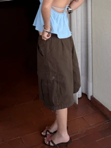 Cargo Shorts For Women Elastic Waist Knee Length  Shorts Summer Outdoor Waterproof Hiking Pants With Pockets - 棕色 - 查看 6