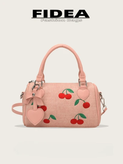 New Stylish Women's Handbag, Satchel Shoulder Bag, Solid Color PU Leather, Cherry Blossom Embroidery Print, Versatile, Comes With Heart-Shaped Bow Charm, Suitable For Outings, Shopping, Dates, Gifts