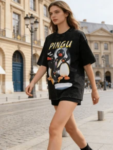 Washed T Shirts Noot Noot Pingu T-Shirt Oversize Penguin Cartoon Streetwear Short Sleeve Printed Tops Tee Shirt - màu đen - Xem 5