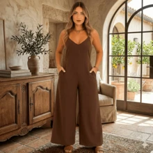 Elegant Women's Jumpsuit With Wide Leg Pants In Duna Fabric, Adjustable Straps, And Loose-Fitting Side Pockets, Sizes P To G2 - 鏽棕色 - 查看 4
