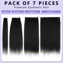 7pcs Fluffy Yaki Straight Hair Clip-In Extensions, Black Hair Pieces, Suitable For Straight Hair Clip-In Extensions 14/18/22/26inch - Black - View 4