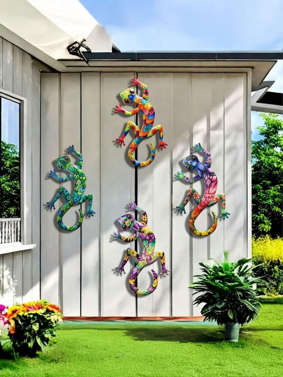 1pc/4pcs Colorful Metal Gecko Wall Decor, Waterproof & Rust-Proof, Garden Supplies, 3D Lizard Hanging Sculpture, Outdoor Garden, Fence, Yard Lighting Decoration, Housewarming Gift, Animal Lover Gift, Holiday Gift - A - View 1