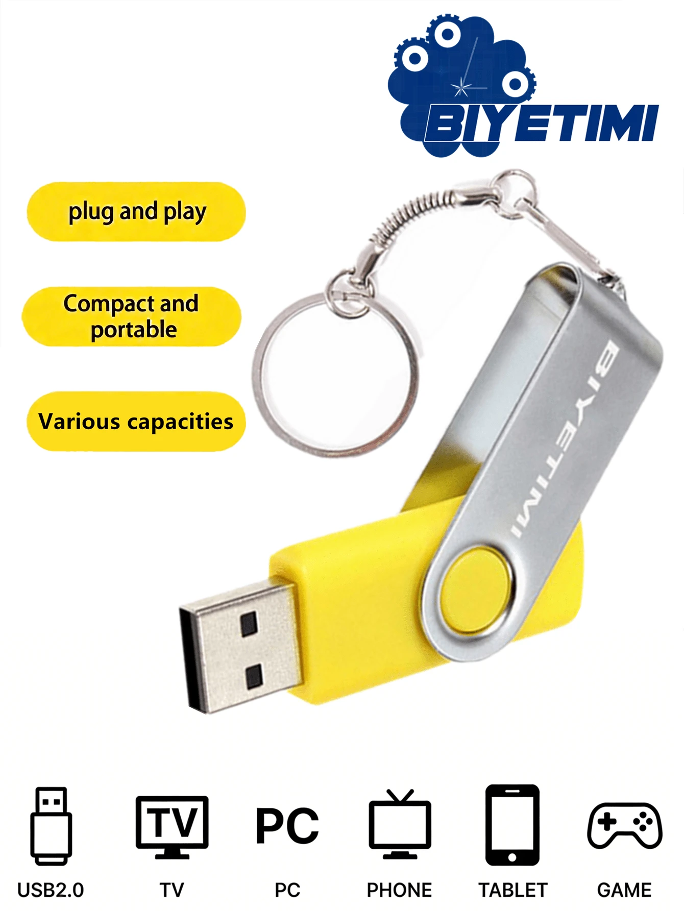 BIYETIMI 64GB/128GB 高速 USB 闪存盘 8GB/32GB 2.0 USB 存储卡 USB 礼品,适用于电脑、汽车、电视 - 黃色 - 查看 1