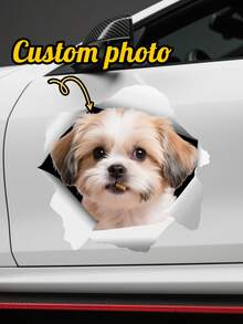 Custom Pet Photo Car Sticker, Personalized 3D Torn Metal Effect Vinyl Sticker, Can Customize Your Pet's Face Image On The Sticker, Suitable For Dog Or Cat Face Design. Can Be Applied To Car Windows, SUV, Truck, Laptop And Wall And Other Multiple Scenarios. - Multicolor - View 1