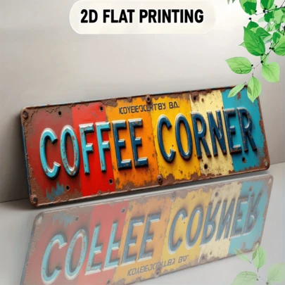 Biển hiệu trang trí bằng kim loại phẳng 2D sang trọng với dòng chữ "COFFEE CORNER", thích hợp làm vật trang trí cho quán bar, quán cà phê, nhà hàng, khách sạn và nhiều địa điểm khác để trưng bày tác phẩm nghệ thuật sống động.