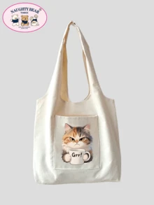 1个女士米色帆布手提袋，黑色猫咪印花，休闲购物袋 - 米色 - 查看 5