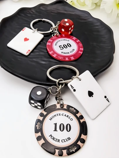 1pc Poker Chip, Dice Keychain, Includes Poker Chip, Dice + Ace Pendant Creative Keychain, Backpack Hanging Decor, Car Key Chain, Water Bottle Hanger, Suitable For Bag Pendant