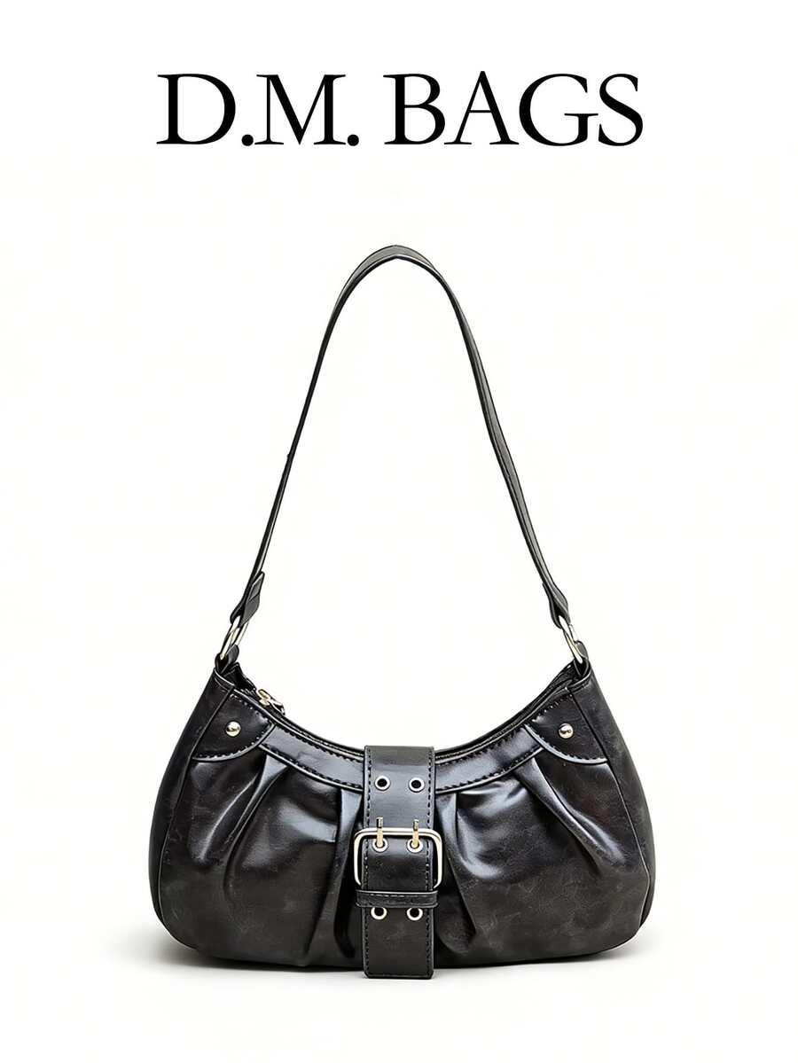 Y2K 女士复古 Miradet 做旧软皮摩托车包，铆钉、搭扣装饰，褶皱云朵肩包/腋下包，适合工作、通勤、约会、派对等场合。 - 深灰色 - 查看 1