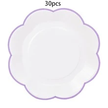 10个/20个/30个装，9英寸和7英寸花卉图案白色纸盘，薰衣草色波浪边，适用于婚礼、新娘送礼会、生日、下午茶会和野餐。 - 白底紫邊 - 查看 12