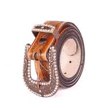 Women's Handmade Belt Carved Feather Buckle Large Rhinestone - Camel - View 3