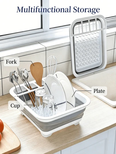 Foldable Dish Rack, Space-Saving Storage, Kitchen Organization. Foldable Dish Drainer Rack With Cutlery Holder - Space-Saving Quick Drainage Plastic Drying Rack For Dishes/Glasses/Utensils, Suitable For Home Kitchen And Camping/RV Use, Dish Drying Rack, Camping Essential