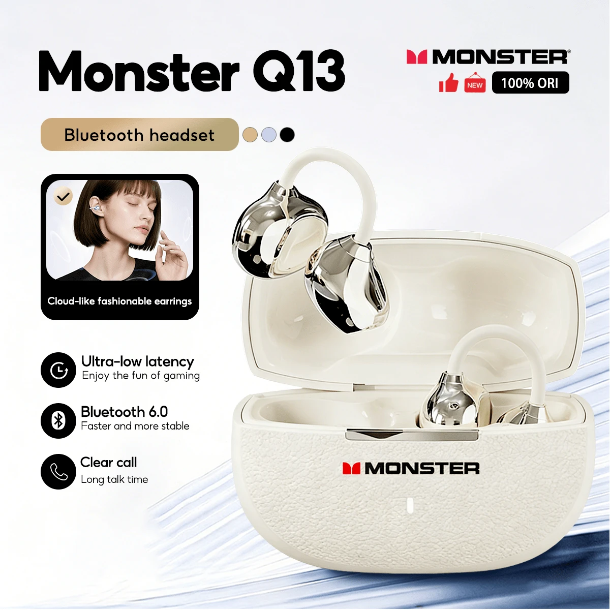 Monster Q13 耳机,低音强劲,高品质耳挂式耳机,游戏耳机,蓝牙 6.0,带麦克风 - 查看 1