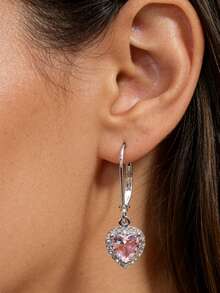 1 Đôi bông tai hình trái tim màu hồng bằng bạc Sterling S925, đính đá Zirconia tổng hợp tinh tế, kiểu dáng tối giản, phù hợp cho phụ nữ đeo hàng ngày. - Bạc - Xem 6