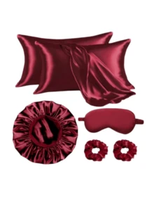 7pcs Set Solid Color Casual Polyester Pillowcase, Shower Cap, Sleeping Mask, Scrunchie, Versatile Gift Set For All Seasons,Summer,Beach,Hat - Multicolor - View 3