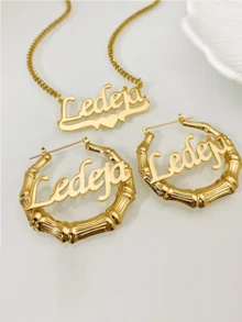 1 Bộ bông tai và dây chuyền khắc tên Bling: Vòng tre tùy chỉnh, bộ trang sức cá nhân hóa, bộ bông tai và dây chuyền 5cm, kiểu phun cát, trang sức tùy chỉnh bằng thép không gỉ, bao gồm hộp quà, thích hợp làm quà tặng Ngày Valentine, màu hồng phun cát. - Vàng bóng - Xem 5